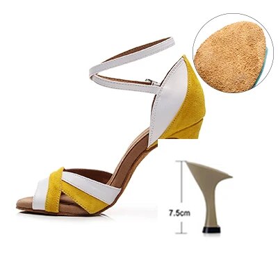 VCshoes Woman Latin Ballroom White Yellow Modern Dance Shoes Suede Sole Jazz Salsa Cuban Slim Heels Ladies Open Toes Leather Stiletto