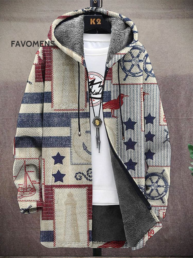 Men’s Navy Style Print Hooded Two-Pocket Fleece Cardigan Jacket Jacket(A) / Grey M