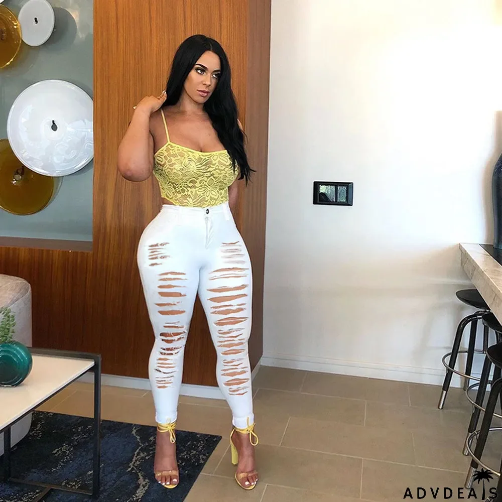 Spring Denim Pants Ripped Plain Black Denim Trousers Women's Jeans