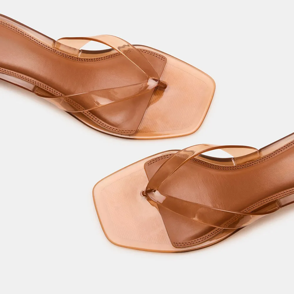 Brown Open Square Toe Slip-On Clear Sandals with Kitten Heel