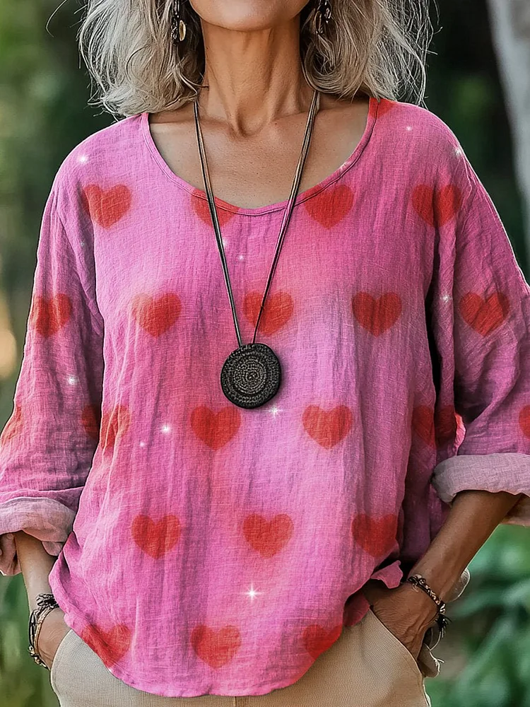 Retro Dreamy Heart Pattern Printed Women's Casual Cotton And Linen Shirt