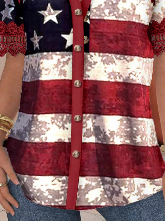 Women Short Sleeve V-neck Striped Printed Graphic Lace Hollow Stitching Button Tops