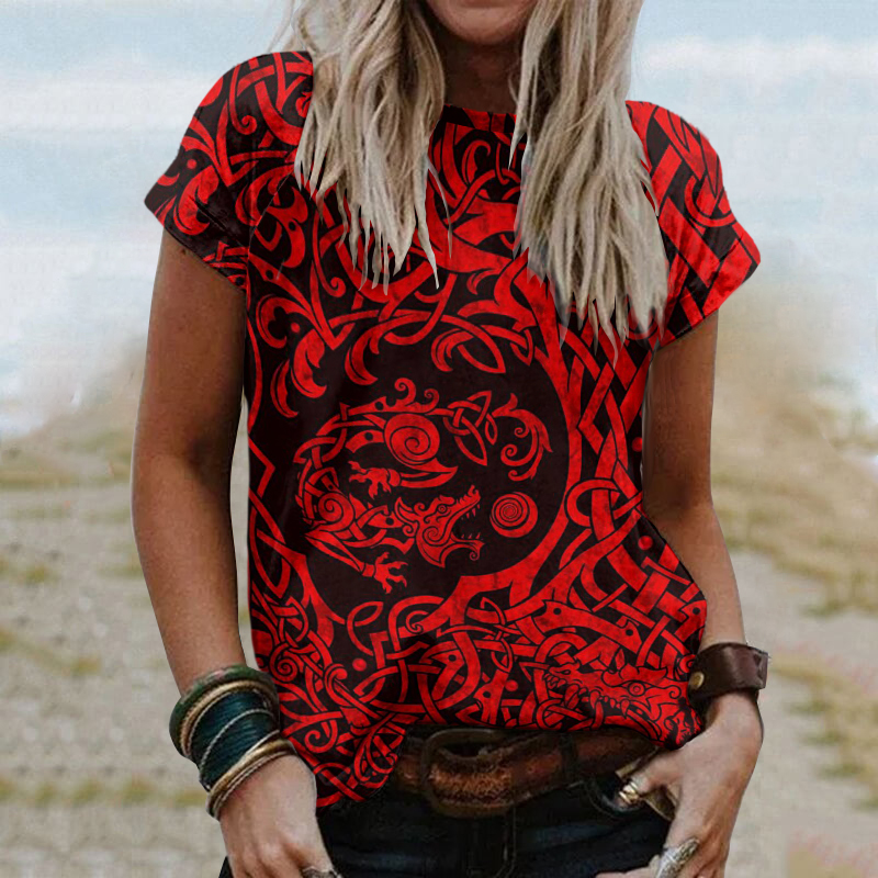 Viking Tree Of Life, Wolf Snake Dragon And Eagle Print T-Shirt