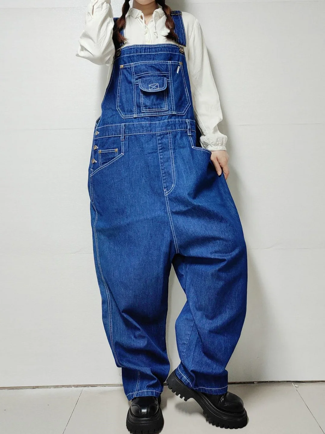 Women's Casual Retro Wide-leg Workwear Denim Overalls Jumpsuit