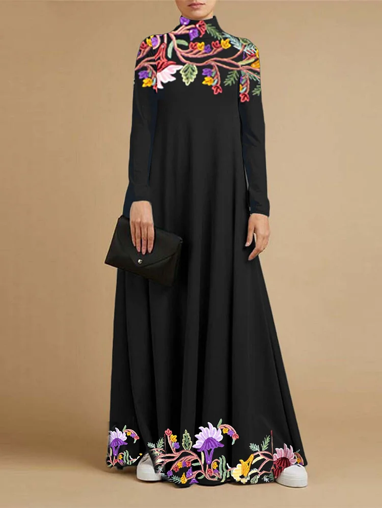 Ursime Turtleneck Floral Panel Long Sleeve Maxi Dress
