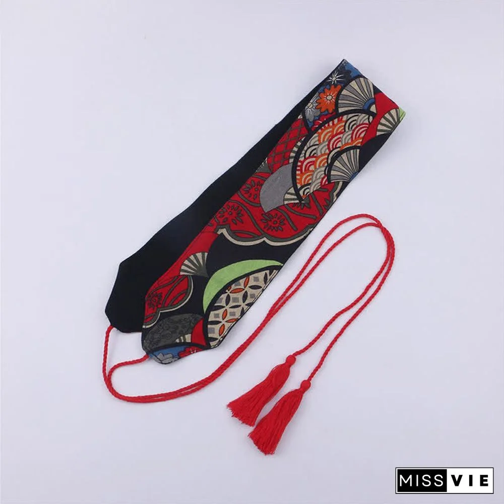 Vintage Print Tassel Lace Up Hanfu Waistband