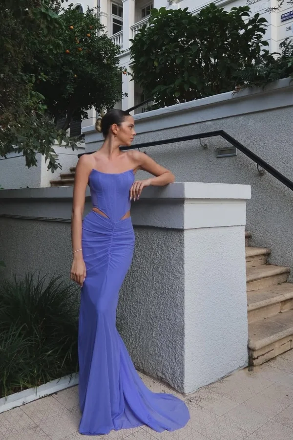 Purple Simple Pleated Straight Across Sleeveless Mermaid Prom Dress YK0115