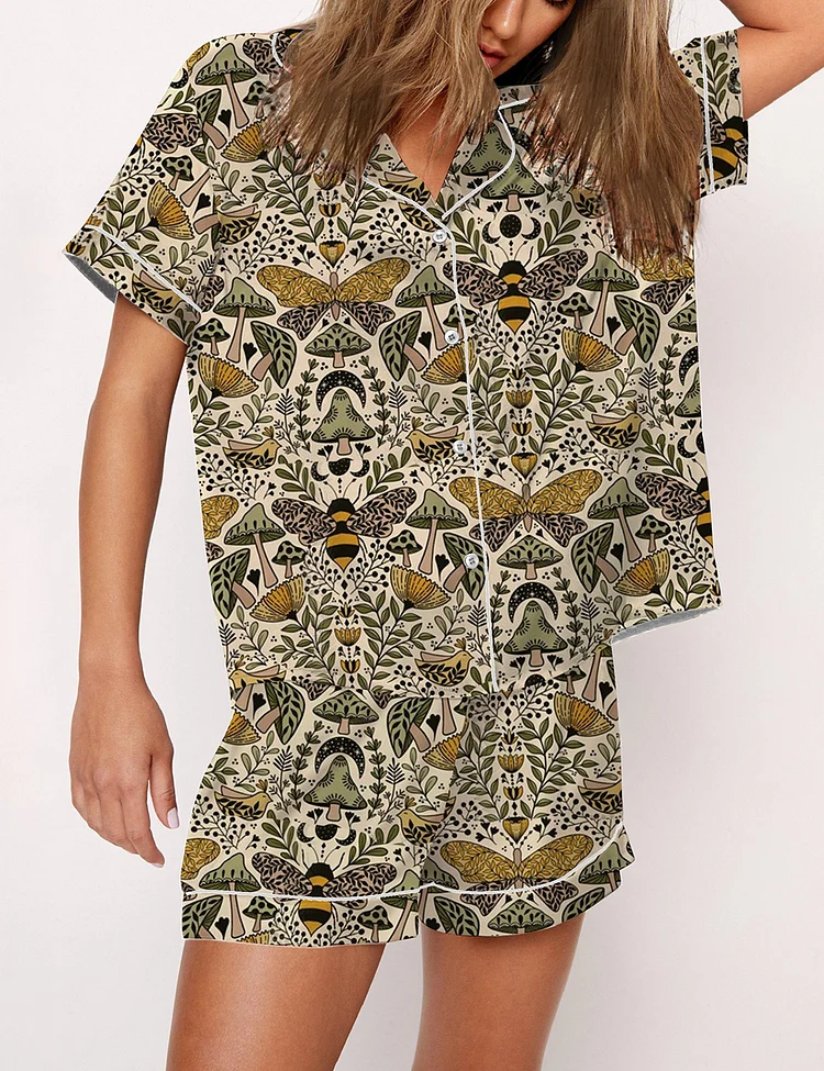 Women&rsquo;s Large Scale Natural Habitat of Bees and Moths Wild Grass And Flowers Short Sleeve Satin Pajama Set