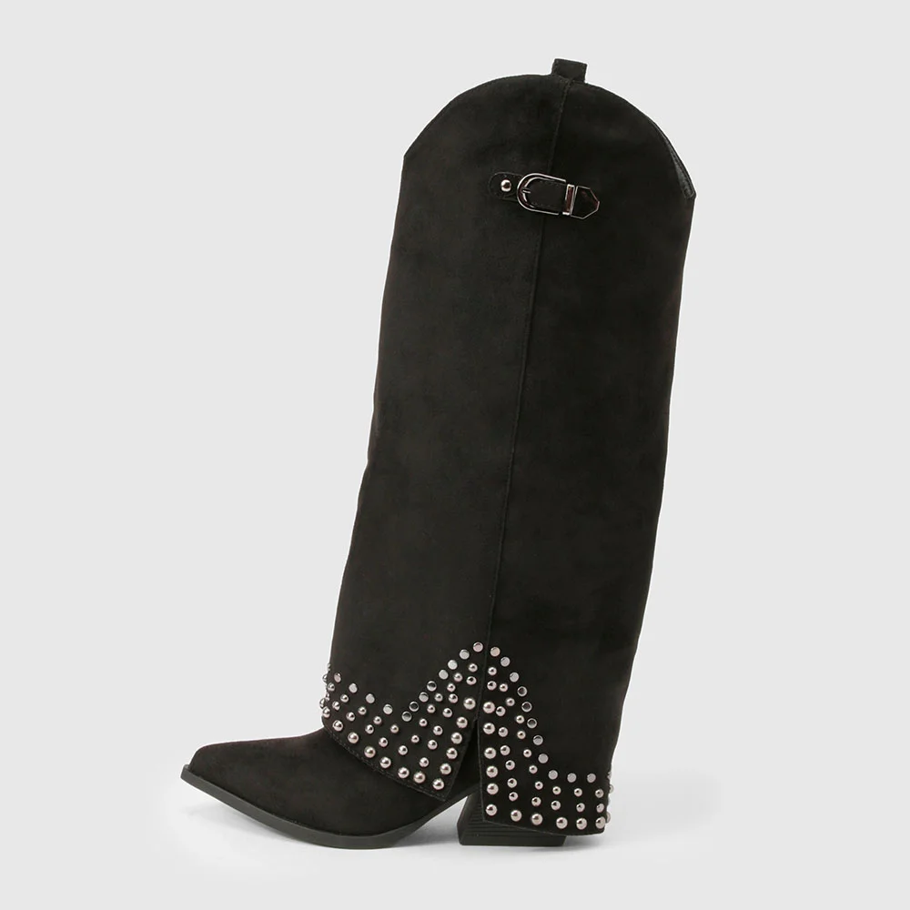 Black Pointed Toe Buckle Fold-Over Knee High Studded Cowgirl Boots