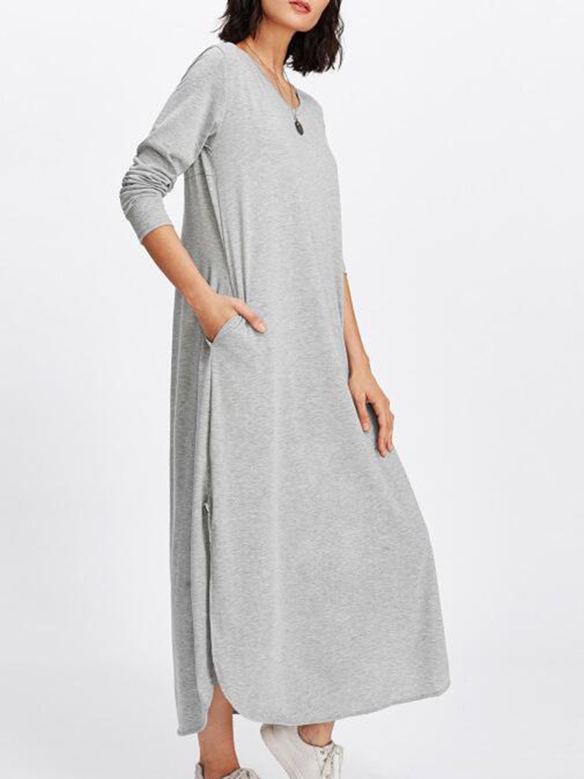 Polyester Solid Casual Slit Dress