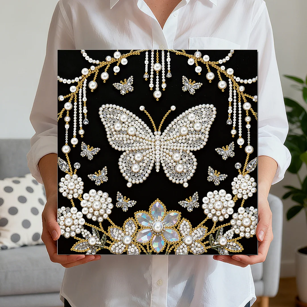 Flower Butterfly DIY Pearl Art Diamond Painting Kit Home Decor 25x25cm With Frame