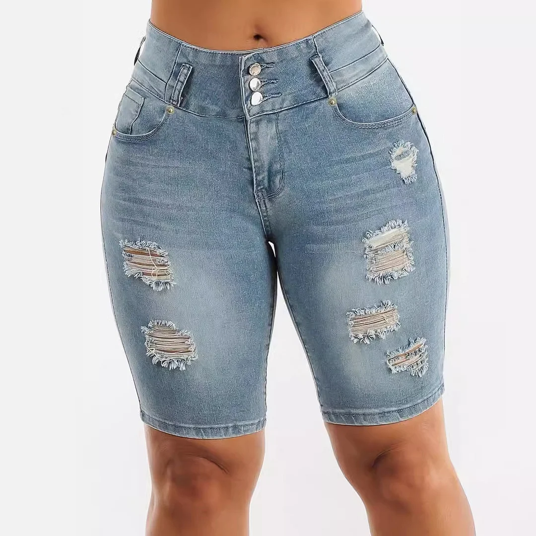 Women's High-waisted Ripped Jeans Elastic and Thin Slim Hip Pants