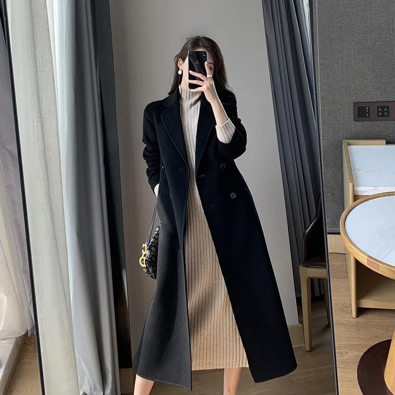 Wool & Blends Women Black Double Breasted Wide-waist Korean Style Office Lady All-match Simple Vintage Winter Female Coat Trendy