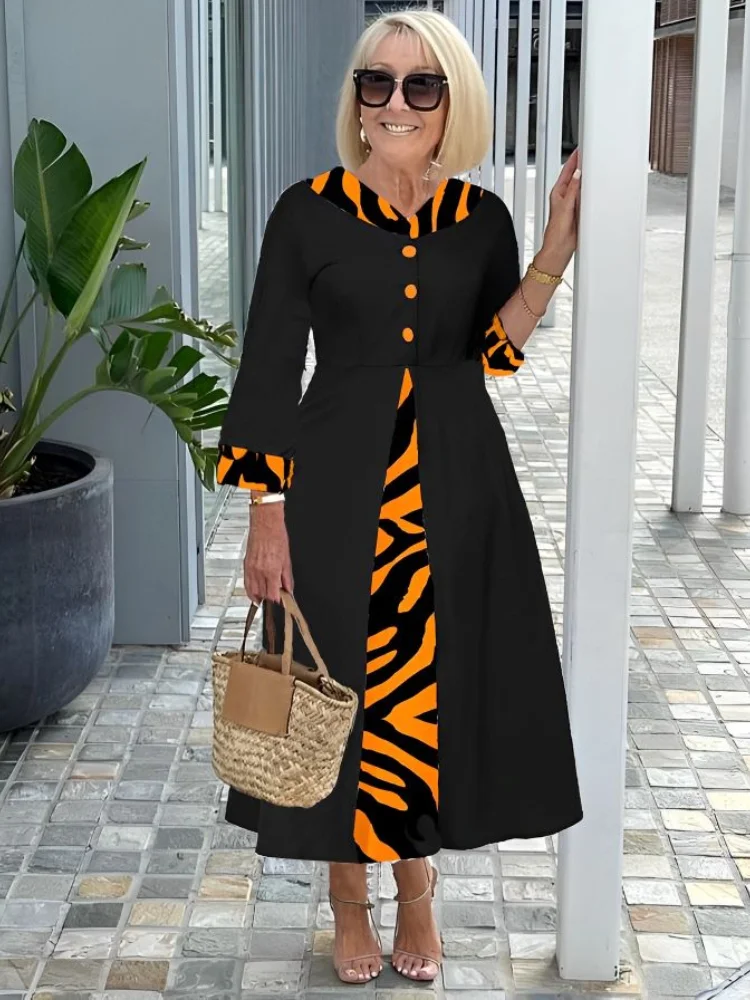 Halloween Zebra Orange Stripe Print Patchwork V-Neck Long Dress VangoghDress