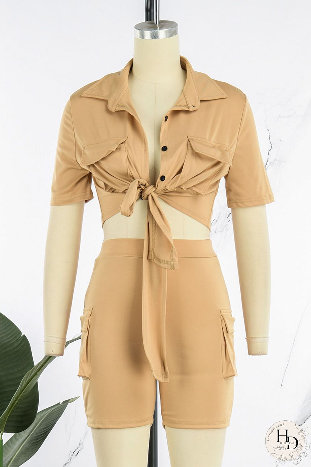 Khaki Casual Solid Bandage Patchwork Pocket Buckle Turndown Collar Short Sleeve Two Pieces