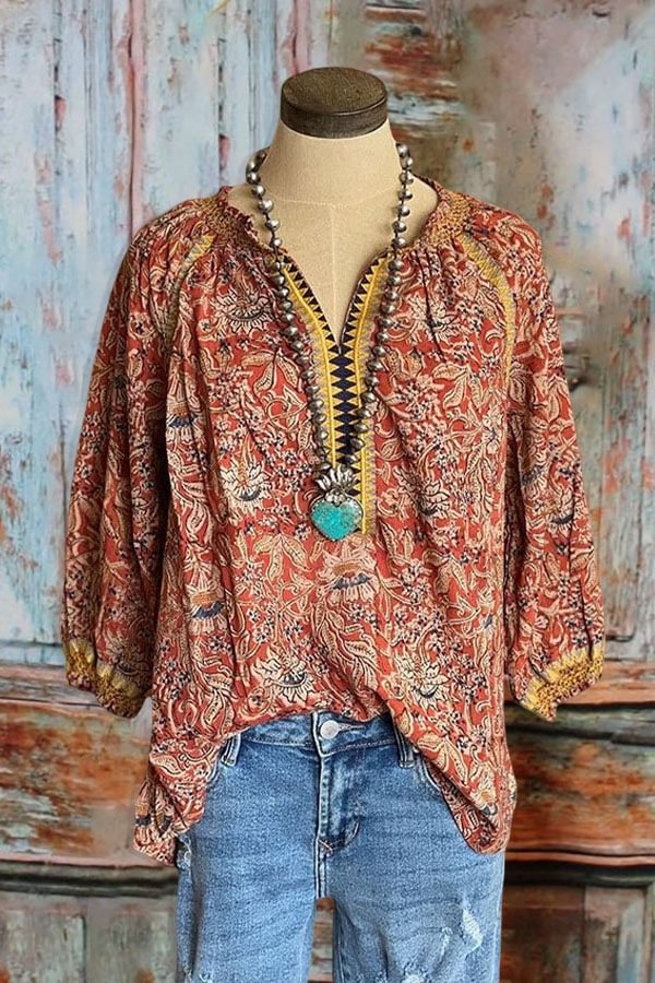 Mixed Floral Geometric Embroidery Top