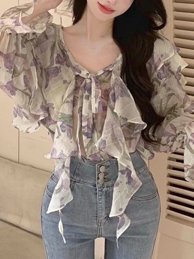 Tlbang Chiffon France Elegant Chiffon Blouse Women Print Fairy Sweet Blouses Female Korean Fashion Vintage Floral Tops 2023 New