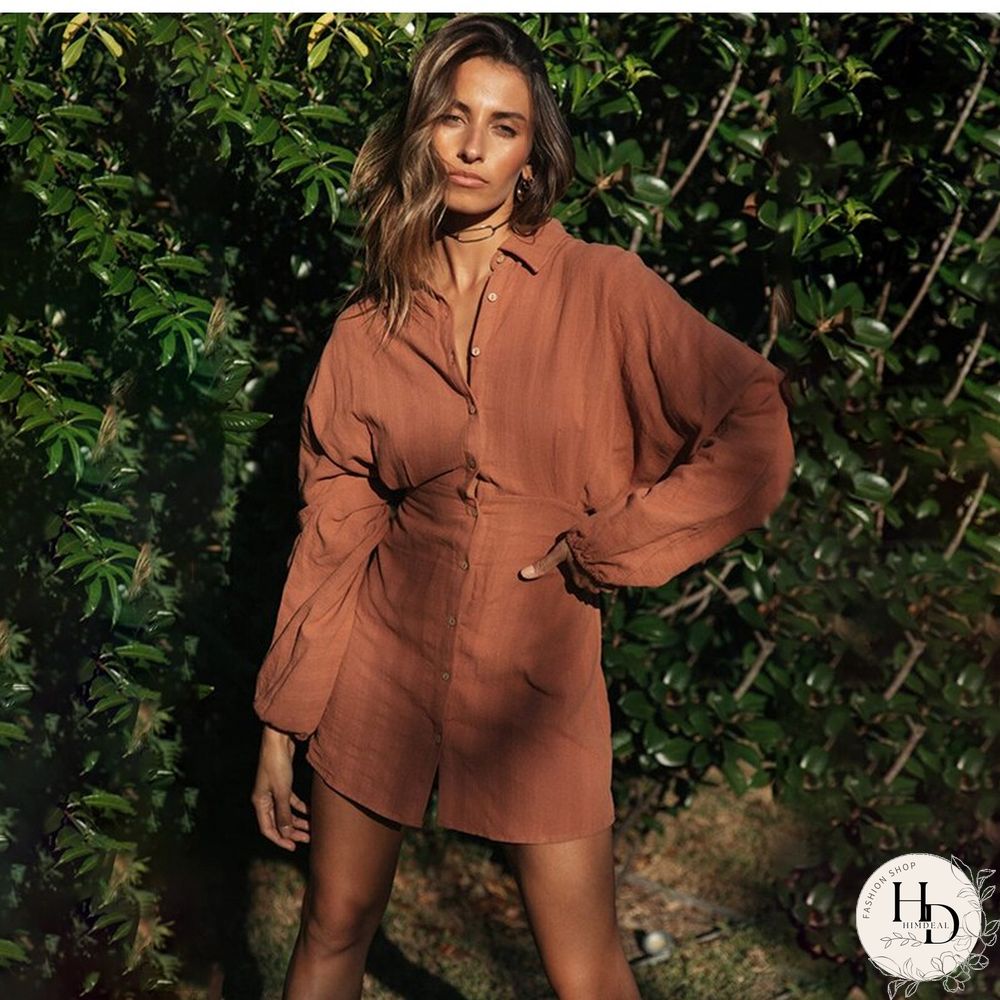 Autumn Winter Mini Shirt Dress Women's New Fashion Casual Solid Lantern Sleeve Turn-down Collar Button Beach Dresses For Femme