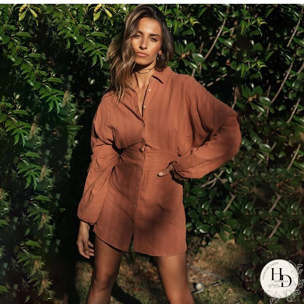 Autumn Winter Mini Shirt Dress Women's New Fashion Casual Solid Lantern Sleeve Turn-down Collar Button Beach Dresses For Femme