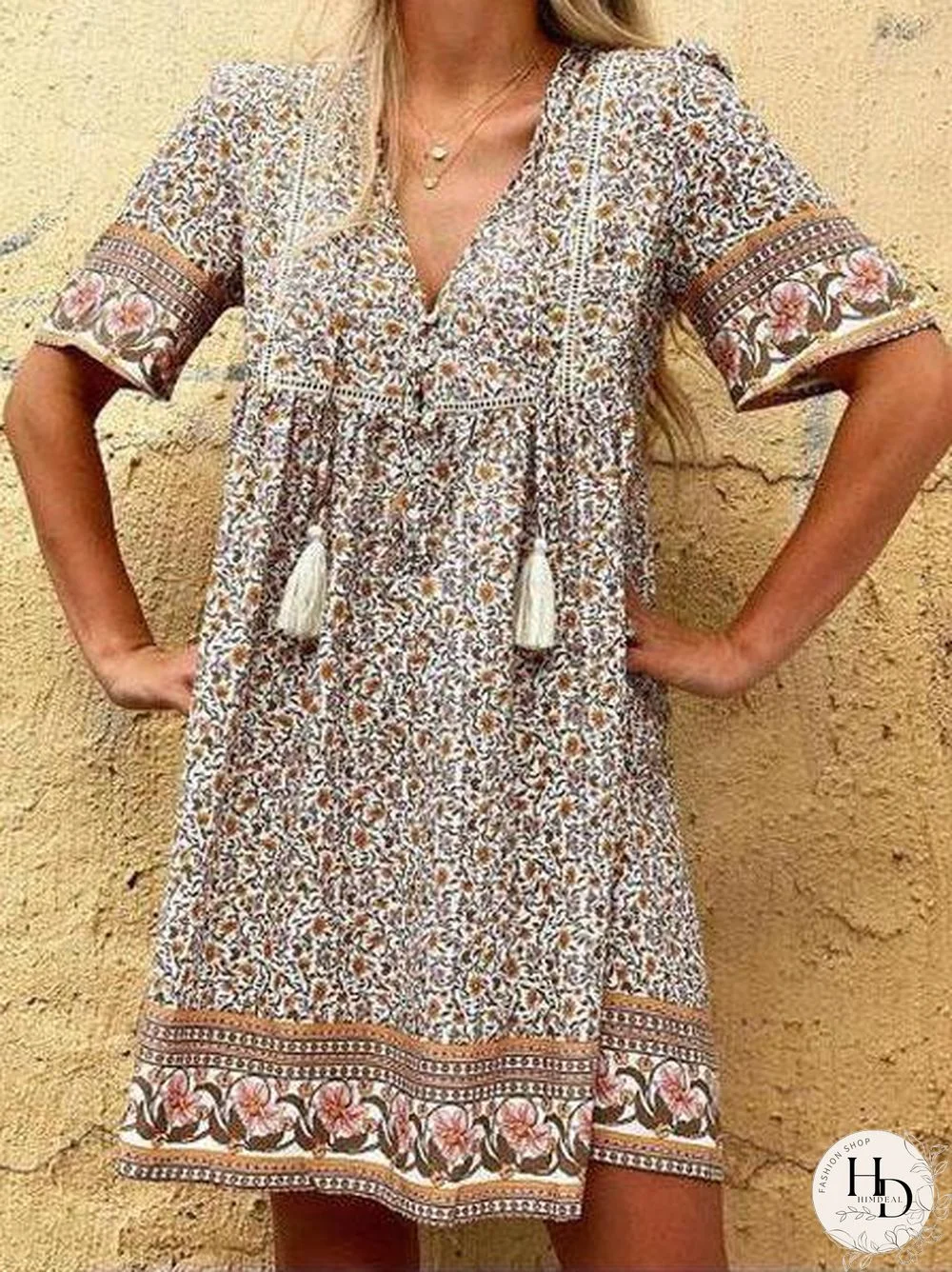 Short Sleeve V Neck Printed Strappy Beach Mini Dress