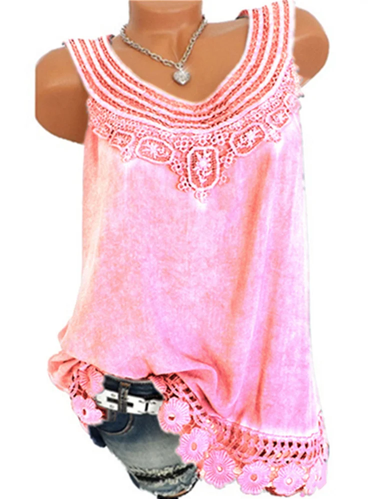 Casual Lace Trim Splicing Solid Tank Top