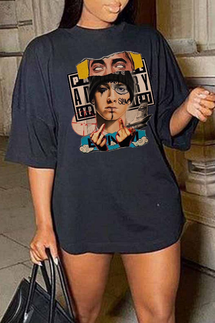 Black Casual Street Print Patchwork O Neck T-Shirts