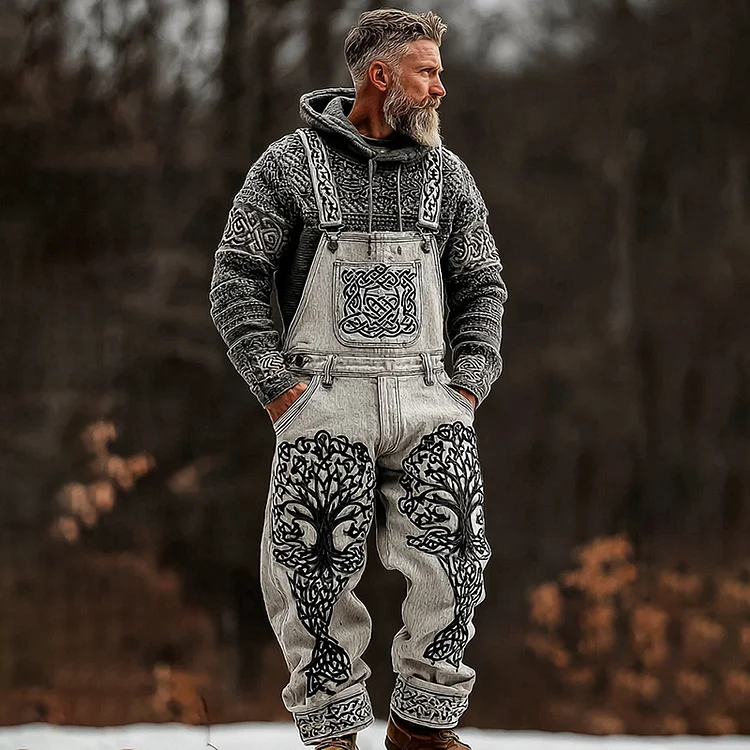 Men's Viking Celtic Knot And Tree Of Life Faux Denim Jumpsuit