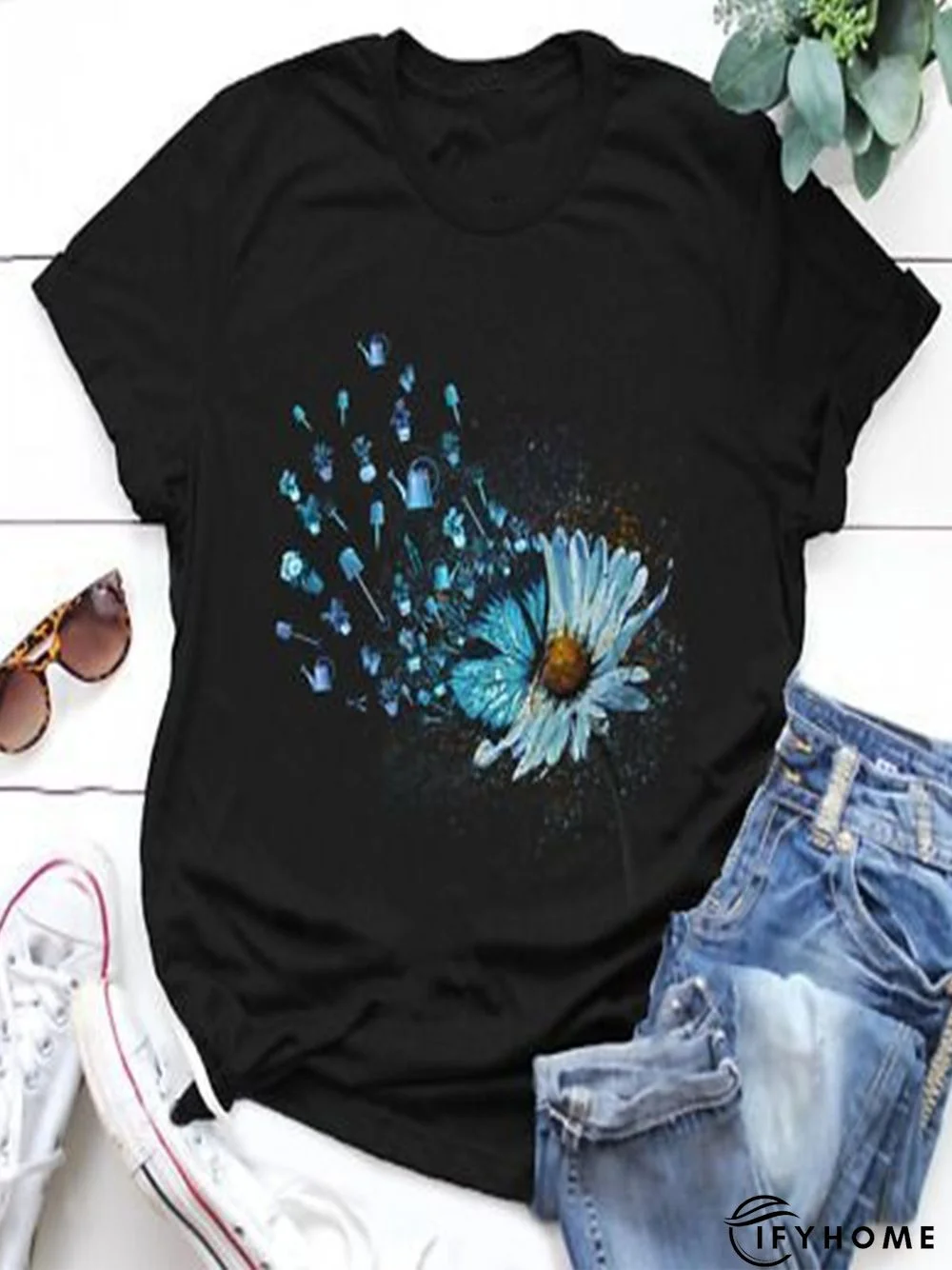 Vintage Short Sleeve Statement Daisy Printed Crew Neck Plus Size Casual Tops | IFYHOME