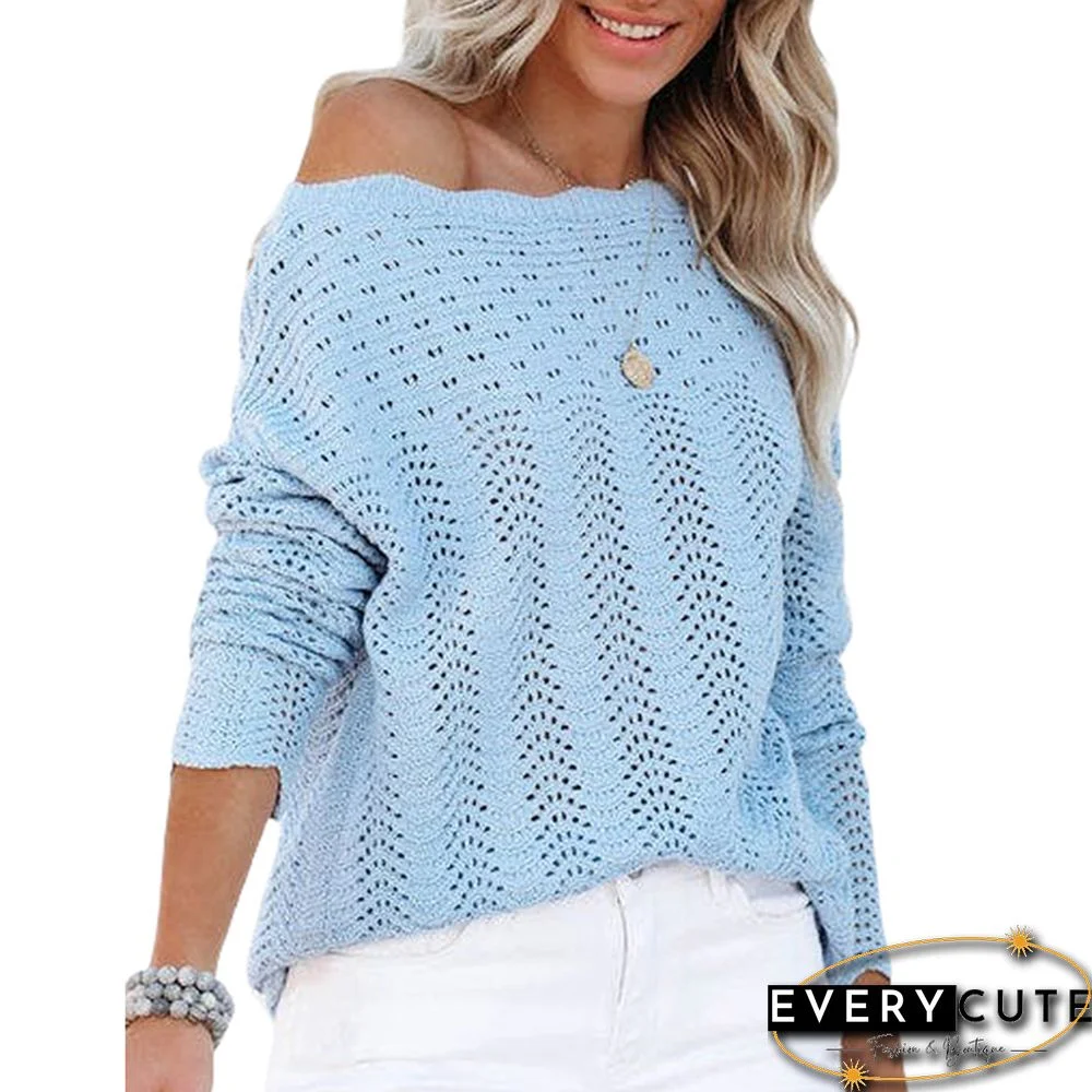 Blue Hollow-out Long Sleeve Knit Sweater