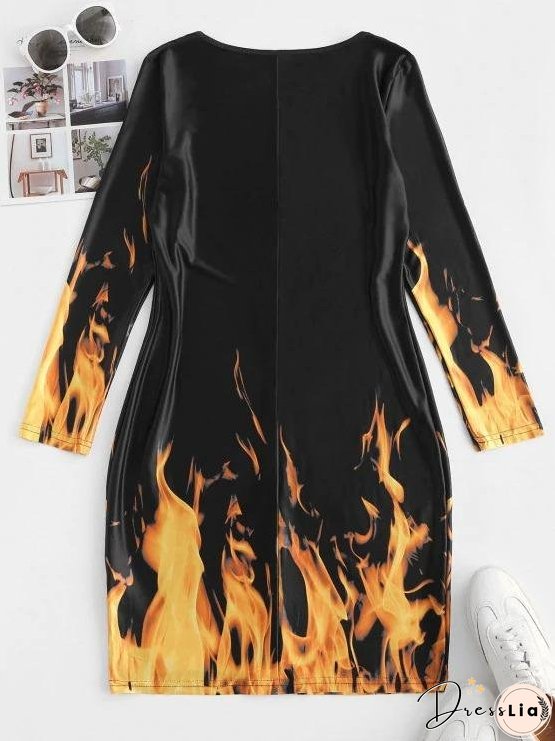 Long Sleeve Hot Flame Print Mini Dress
