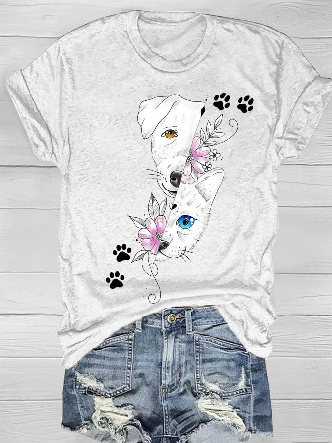 Women's Dog And Cat Print Short Sleeve Print T-Shirt