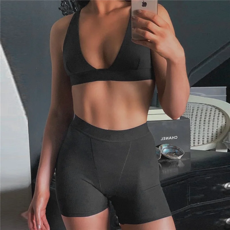 Dulzura Ribbed Patchwork Women Two Piece Set Bra Crop Top Biker Shorts Suits Bodycon Sexy Streetwear Matching Sporty Tracksuit