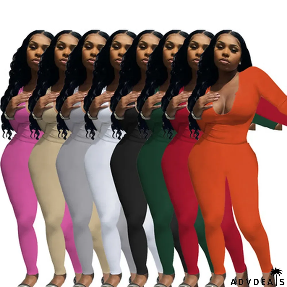 Solid Long Sleeve Stretchy Slim Two Piece Pants Set