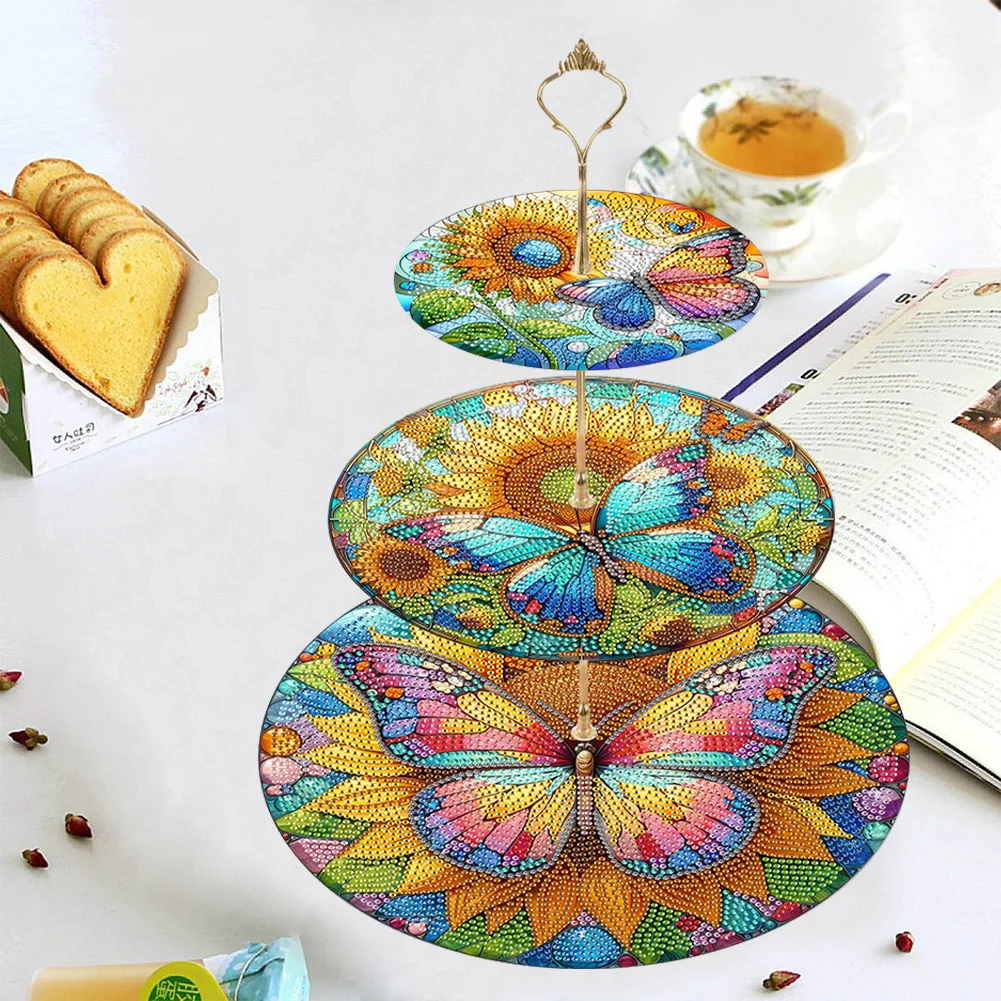 5D DIY 3 Tier Acrylic Butterfly Sunflower Diamond Painting Serving Tray for Home