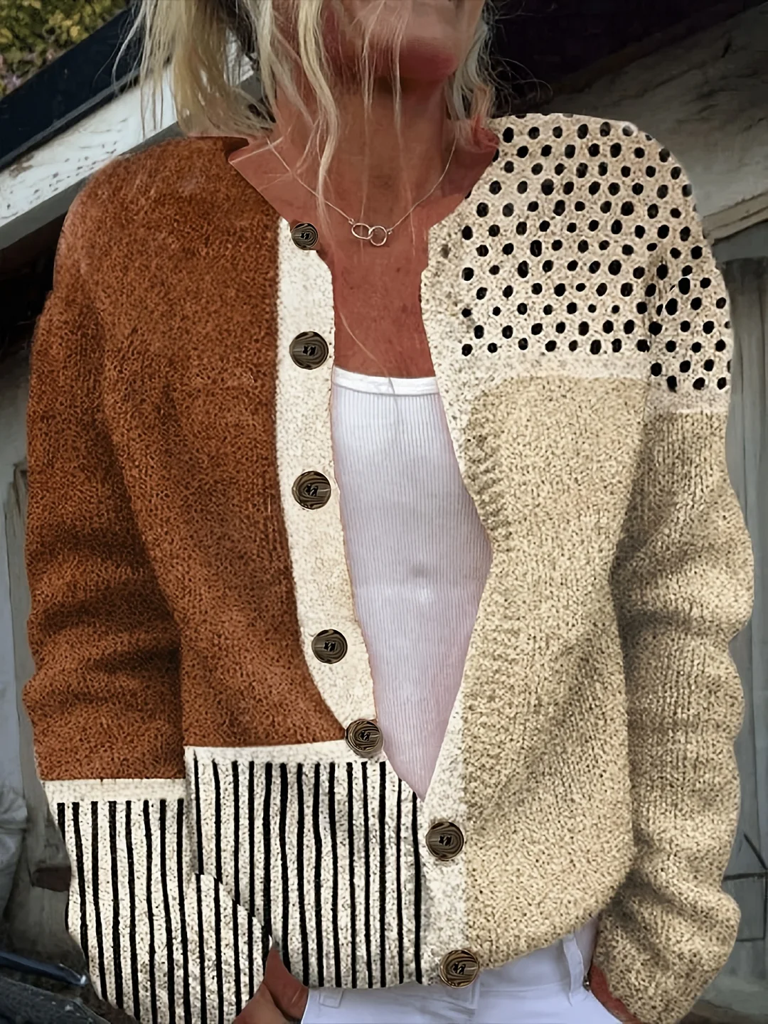 Plus-Size Women's Lightweight Cardigan - Spring/Autumn Open Front Sweater with Digital Print (Brown/White/Beige/Patterned), Round Neck Long Sleeve Button Front for Casual & Resort Wear, Cardigan Sweater, Spring Outerwear, Trendy Knitwear, Cozy Feel Fabric