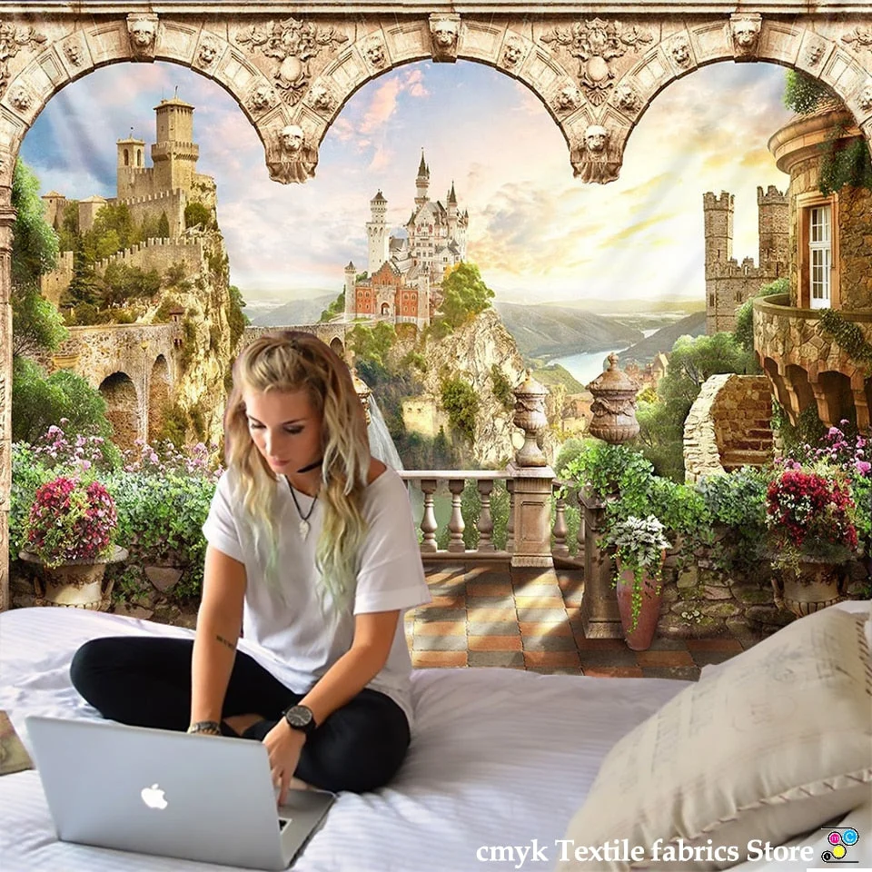 Viewing Platform Tapestry Ancient Rome Middle Ages Column Mountain Forest Castle River City Peacock Swan Wall Hang