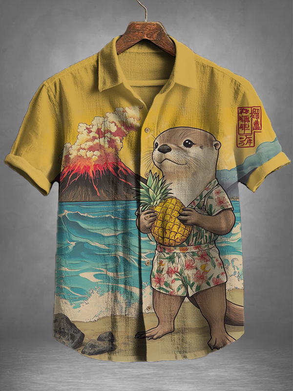 Men's Vacation Style Otter Pineapple Print Short Sleeve Shirt