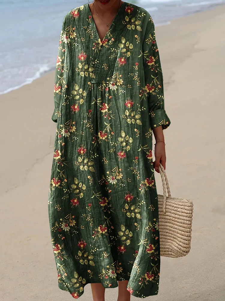 Womens Small Floral Pattern Print Cotton And Linen Dress