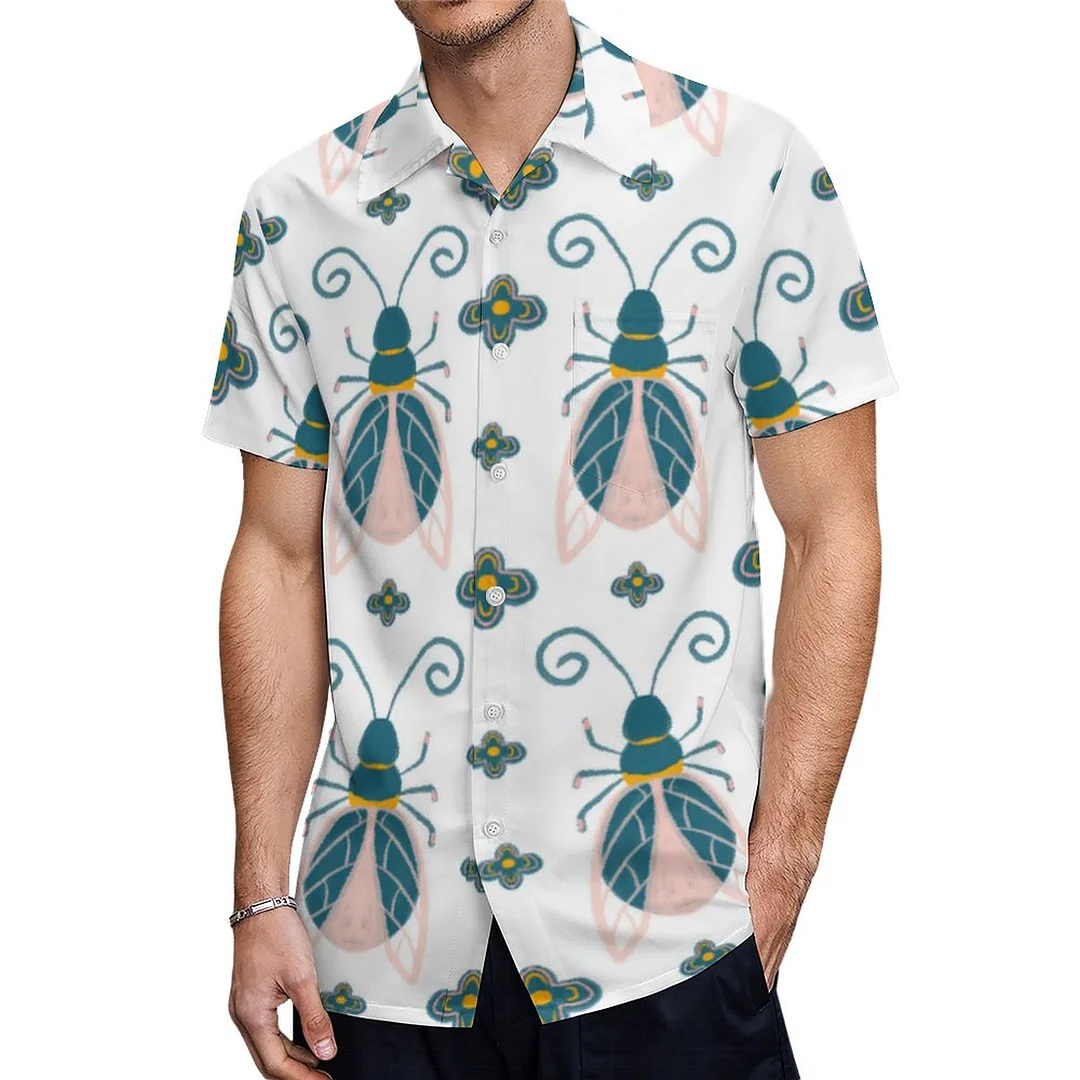 Short Sleeve Pink Bug Insects Drawing Hawaiian Shirt Mens Button Down Plus Size Tropical Hawaii Beach Shirts