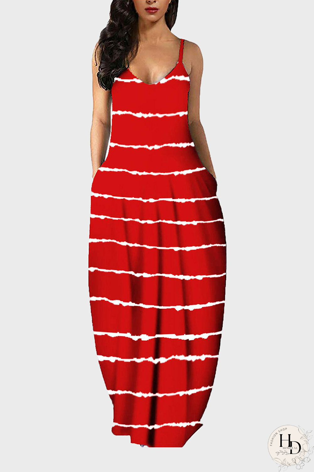 Red Casual Print Split Joint Spaghetti Strap Printed Dress Plus Size Dresses