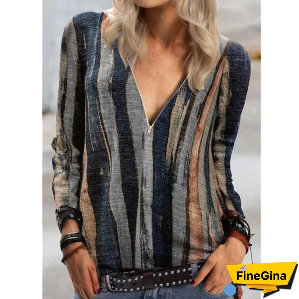 Casual Geometric Long Sleeve V Neck Printed Tops