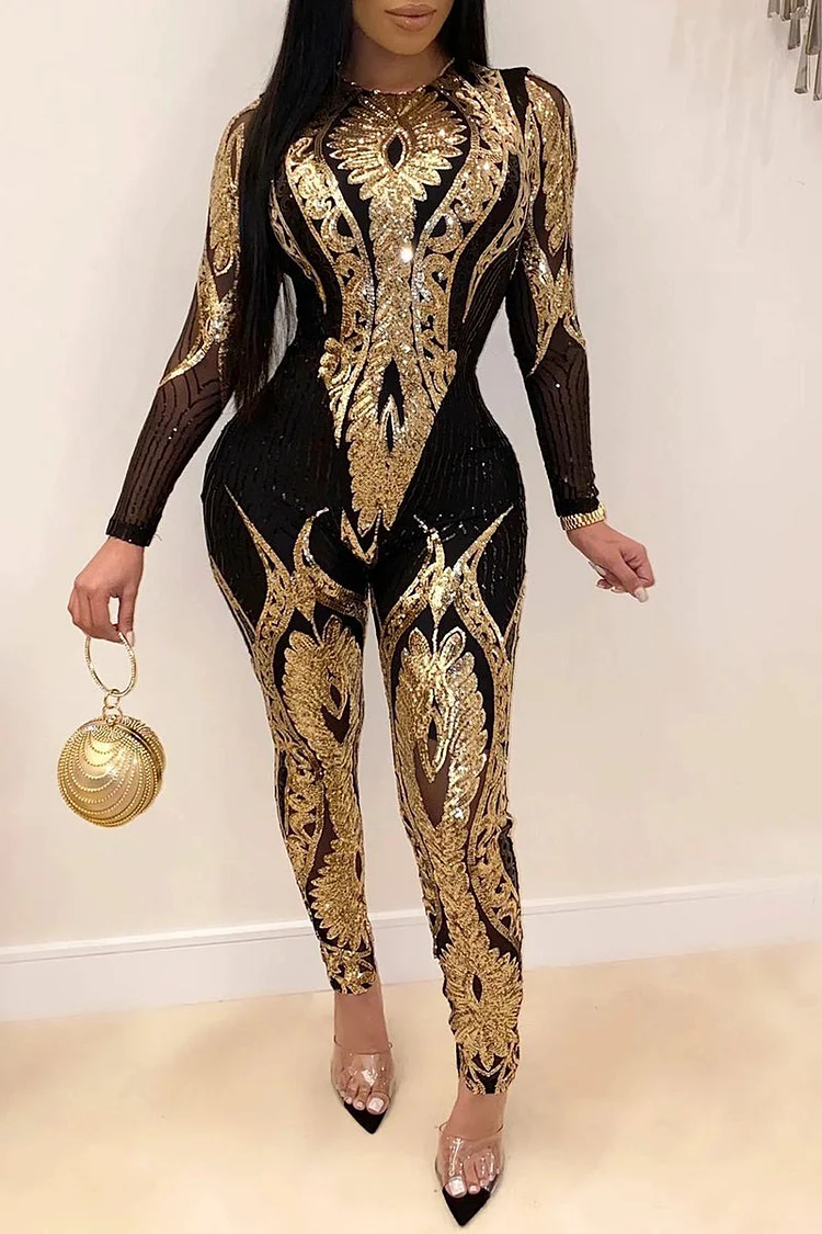 Sequins Embroidery Long Sleeve Bodycon Jumpsuit