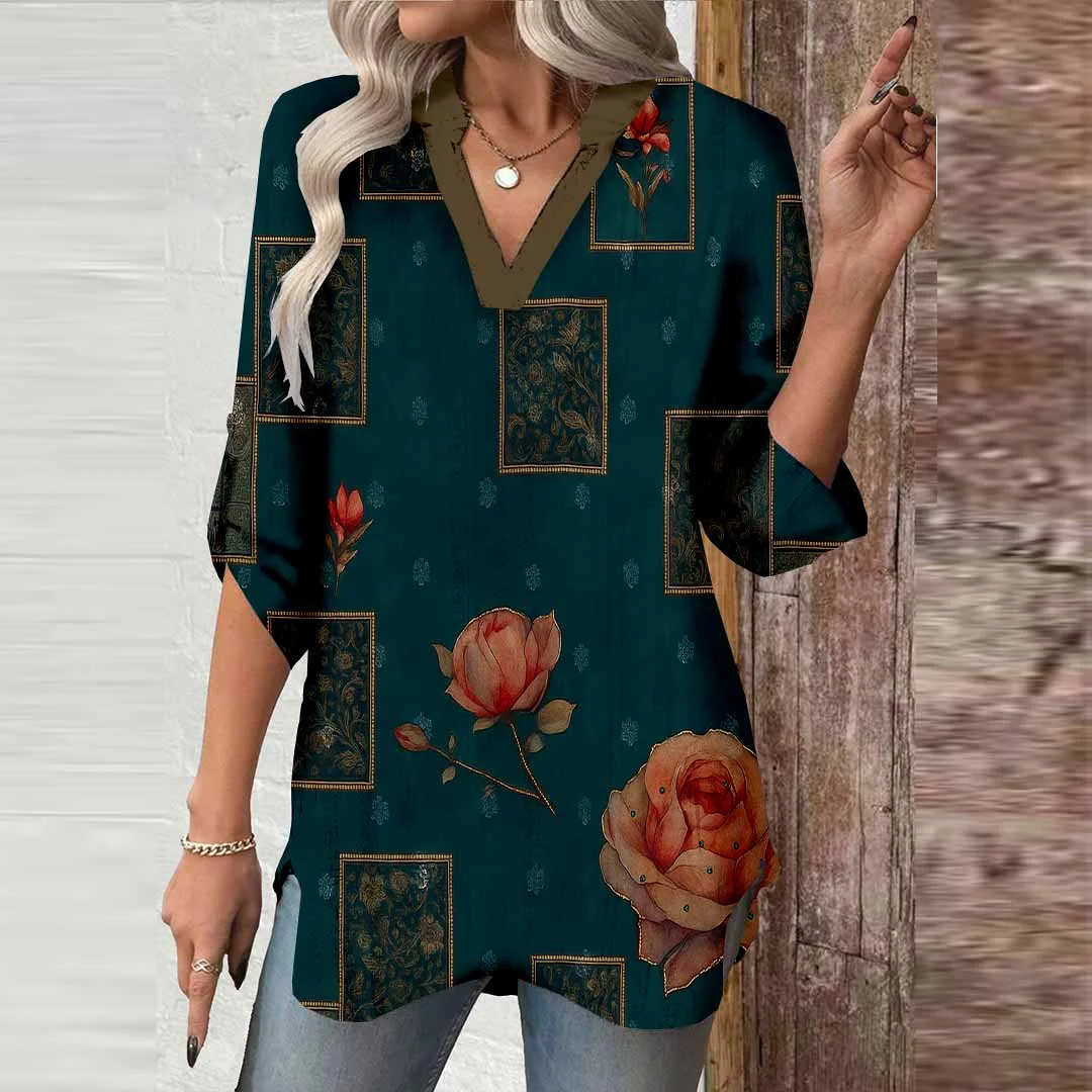 Women Floral, Retro, Black DZGA0504 3/4 Sleeve V-neck Printed Graphic Button Tops