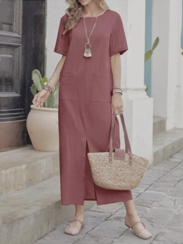 Pockets Solid Color Split-front High Waisted Loose Round-neck Midi Dresses