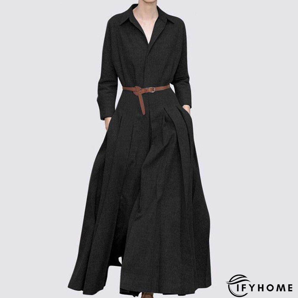 Women's A Line Solid Formal Ruched Lace up Pocket Collar Loose Maxi Dress | IFYHOME