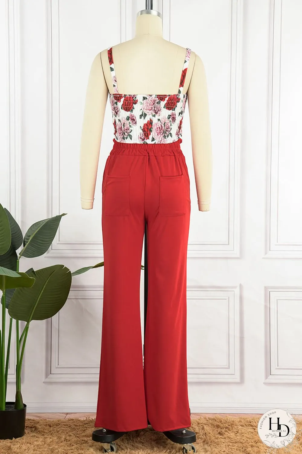 Red Sexy Print Patchwork Spaghetti Strap Sleeveless Two Pieces