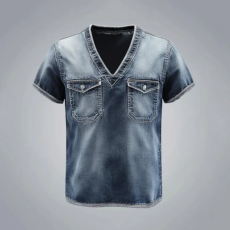 Men's Faded Denim Chest Pocket V Neck Short Sleeve T-Shirt