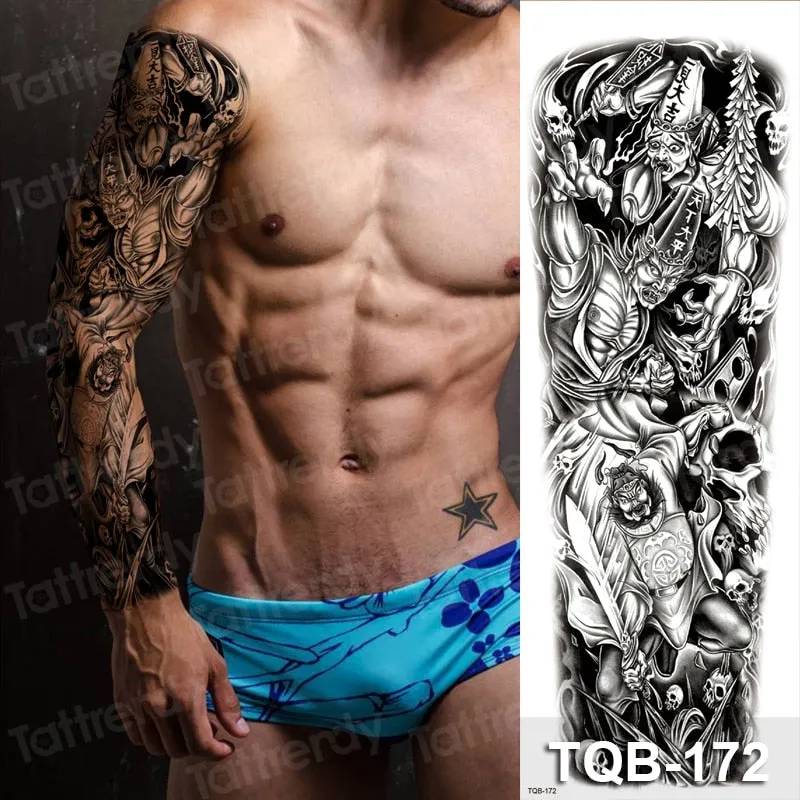temporary tatoo men large waterproof temporary arm sleeve tattoo black robot mechanical tattoos tribal lion head king fox design