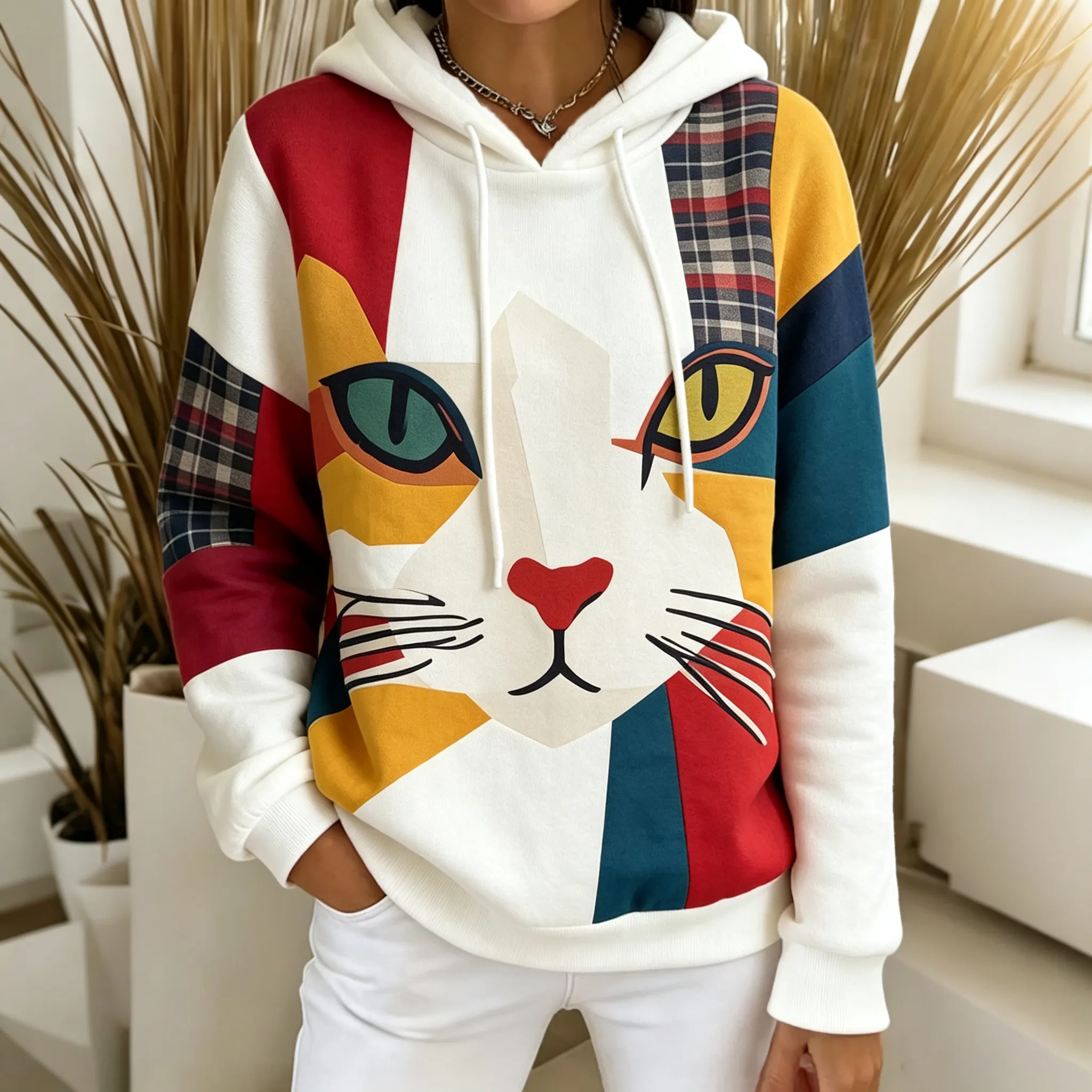 Comstylish Abstract Creative Cool Cat In Patchwork Graphic Print Hoodie