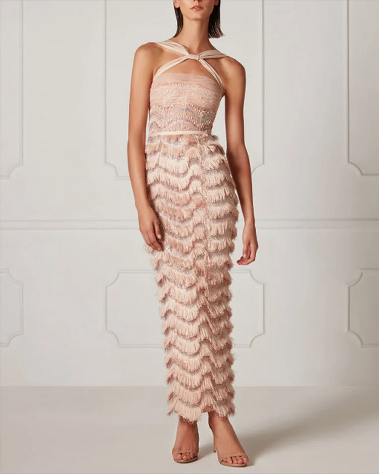 Women's Sleeveless Pink Tassel Dress